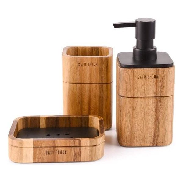 Set Di Accessori Da Bagno In Legno D'acacia 3 Pezzi Incl. Dispenser Di Sapone Da Bagno, Bicchiere Da Bagno, Portasapone Accessori Per La Decorazione Del Bagno-image