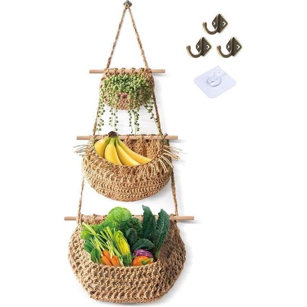 Cesto Di Frutta Appeso, 3 Livelli Sopra La Porta, Cesto Di Iuta Appeso, Iuta Intrecciata A Mano Per Cucina, Soggiorno, Bagno (Juta)-image