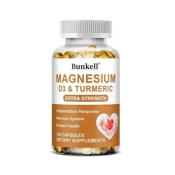 Magnesio + Vitamina D3 + Curcuma (120 Capsule) Integratore Alimentare, Sistema Immunitario, Nervi, Muscoli, Ossa, Denti, Salute Del Cuore-image