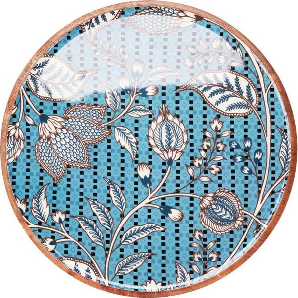Eccellenti Articoli Per La Casa | Piatto Decorativo - Piatto Da Portata - Rotondo 30 Cm - Legno Di Mango100% - Blu Marrone - Piatto Decorativo - Motivo Floreale-image