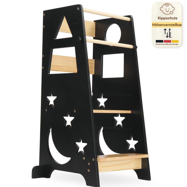 Fch Torre Didattica Per Bambini, Torre Didattica Montessori, Sgabello Per Bambini, Pezzo Unico, 40×45×90 Cm, Legno Di Abete Rosso + Mdf, Motivo A Stella Lunare, Colore Nero + Legno-image