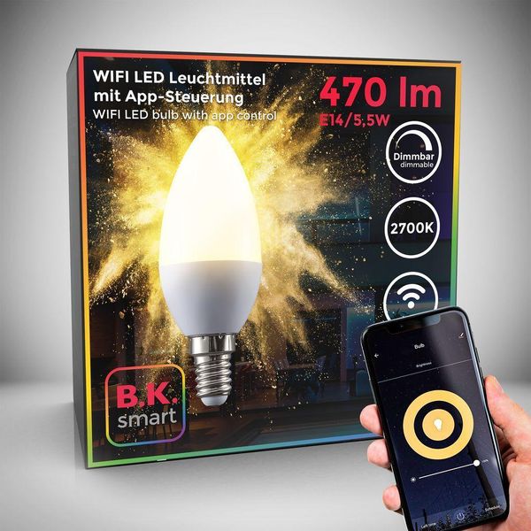 Lampadina Led Smart E14, Dimmerabile Con Lo Smartphone, Luce Calda 2700K, Funziona Con App Per Ios E Android, Amazon Alexa, Google Home, Lampadina Wi-Fi 5.5W 470Lm, Attacco Piccolo E14-image