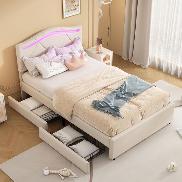 Letto Imbottito Flieks 90X200Cm Con 2 Cassetti, Letto Per Ragazzi Letto Per Bambini Con Led, Letto Contenitore Letto Matrimoniale Con Rete A Doghe, Letto In Legno Letto Classico, Biancheria-image