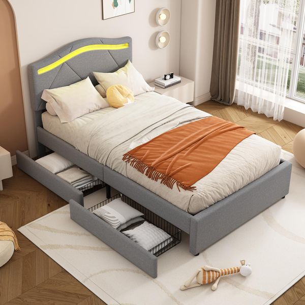 Letto Imbottito Flieks 90X200Cm Con 2 Cassetti, Letto Per Ragazzi Letto Per Bambini Con Led, Letto Contenitore Letto Matrimoniale Con Rete A Doghe, Letto In Legno Letto Classico, Biancheria-image