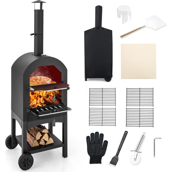 Costway Forno Per Pizza Da Esterno, Carrello Per Barbecue A Legna Con Camino, Forno Portatile Per Barbecue A Legna Per Barbecue All'aperto, Giardino, Campeggio-image