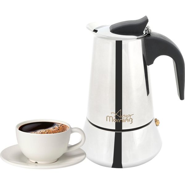 Caffettiera Espresso Da Cucina Any Morning, Caffettiera Moka, Caffettiera Italiana, Percolatore, Caffettiera Moca In Acciaio Inox, Caffettiera A 6 Tazze, 10 Oz, 300 Ml (Argento, Nero)-image