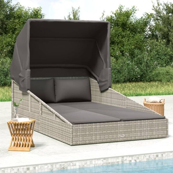 The Living Store Lettino Con Tetto Pieghevole Grigio 200X114X128 Cm In Poly Rattan-image