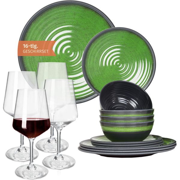 Set Di Stoviglie Da Campeggio In Melamina Per 4 Persone Stone Green + 4 Bicchieri Da Vino Rosso Milano Bicchieri Da Vino Rosso Stoviglie Picnic Bbq-image