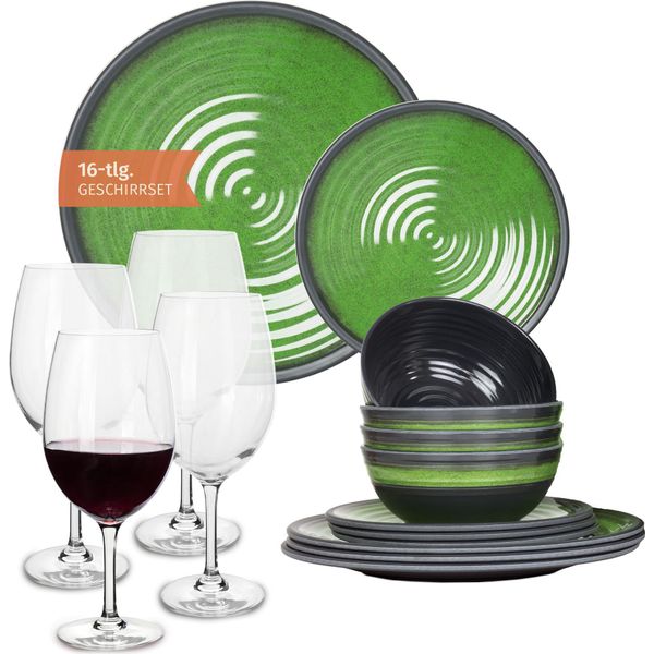 Set Di Stoviglie Da Campeggio In Melamina 4 Persone Stone Green + 4 Bicchieri Da Vino Rosso Tiamo Bicchieri Da Vino Rosso Stoviglie Picnic Bbq-image