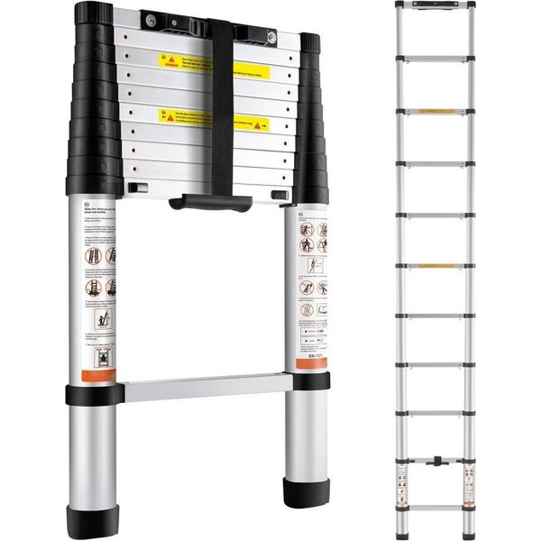 Sm® - Scala Telescopica Da 3,2 M, Scala Pieghevole Antiscivolo, Scala A Gradini 48X9,5X76,5 Cm, Retrazione Con Un Solo Pulsante, Scala Multiuso In Lega Di Alluminio, Portata 170 Kg - Ideale Per Riparazioni Domestiche, Decorazioni, Pittura Delle Pareti.-image