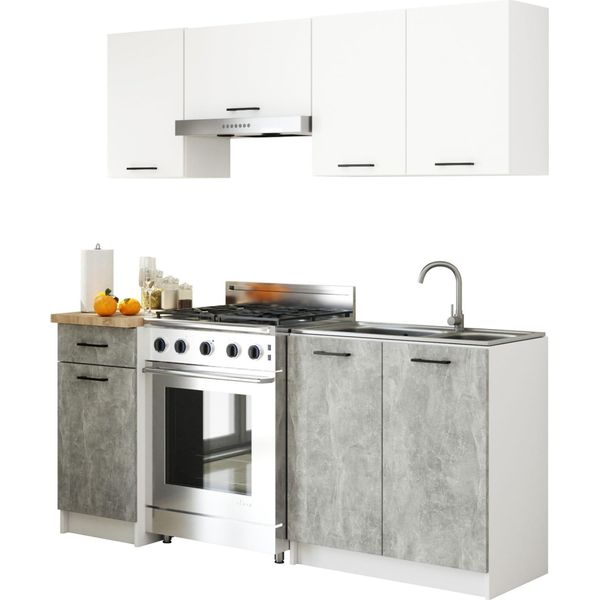 Set Da Cucina: Un Cassetto, Sette Ante, Otto Ripiani, Colore: Bianco | Cemento, Dimensioni Del Mobile: L: 180 Cm, A: 203 Cm, P: 46 Cm-image