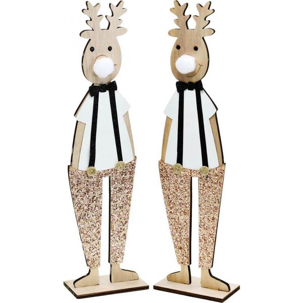 Renna In Legno Figura Decorativa Di Natale Espositore Decorazione Da Tavolo Glitter 12×6,5×H45Cm Set Di 2-image
