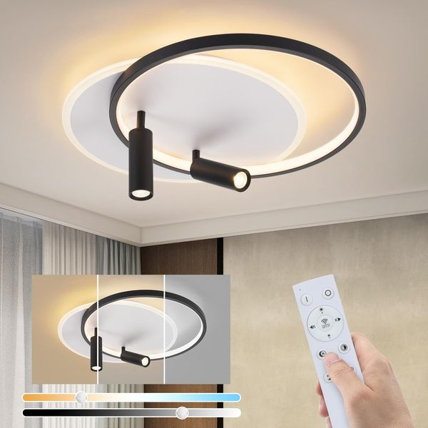 Zmh Lampada Da Soffitto Led Soggiorno 52W Lampada Da Soggiorno Dimmerabile Con 2 Faretti Da Soffitto Nero Con Telecomando Moderno Acrilico Camera Da Letto Lampada Da Cucina Rotonda Per La Casa Cucina-image