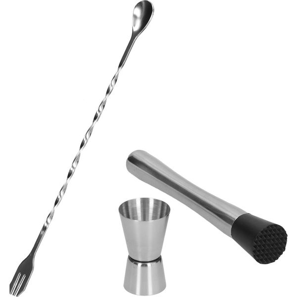 Set Di Accessori Da Barman Per Cocktail In Acciaio Inox: Jigger, Muddler, Stirrer E Cube-image