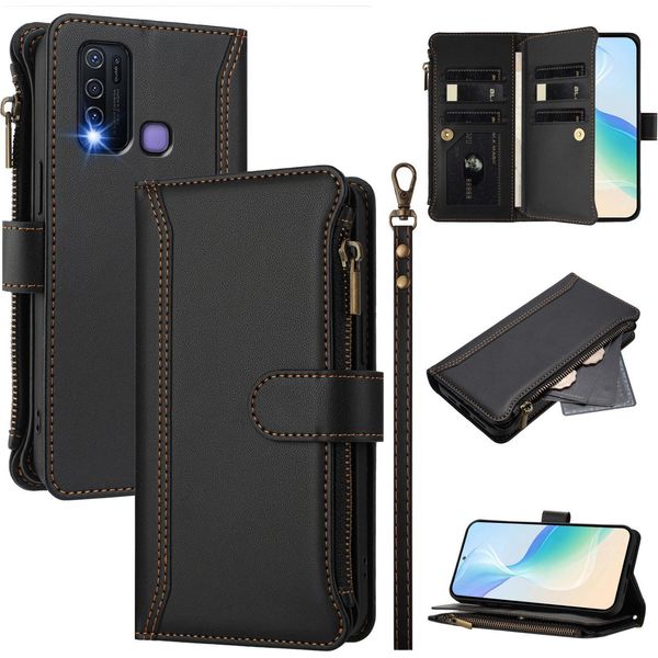 Custodia Per Vivo Y30 4G/Y50, Con Cerniera, Portafoglio, Custodia Flip In Finto Cuoio Con Tasche Per Carte, Supporto E Passante Per La Mano Nero-image