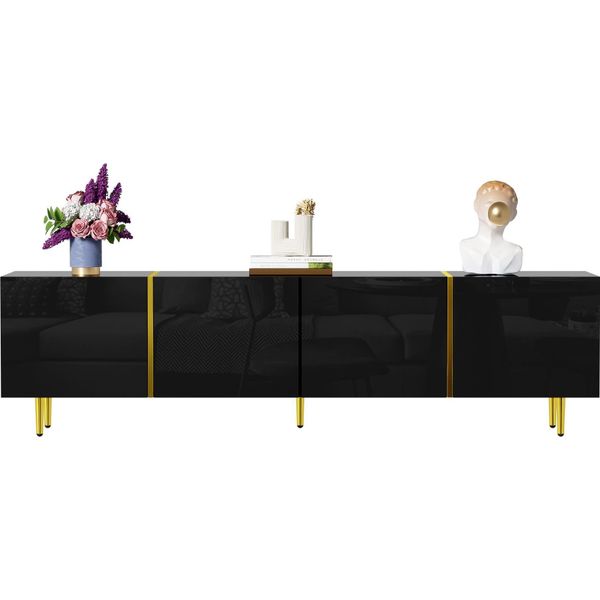 Fortuna Lai Mobile Tv Moderno 170 X 35 X 46 Cm, 4 Ante, Legno Mdf, Finitura Nero-Oro Lucido-image