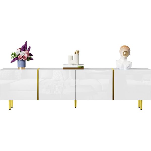 Fortuna Lai Mobile Tv Moderno 170 X 35 X 46 Cm, 4 Ante, Legno Mdf, Finitura Bianca E Oro Lucido-image