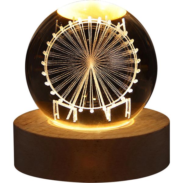 Globo Di Cristallo Luce 3D Inciso Incandescente Sfera Di Cristallo Luce Notturna Romantica Lampada D'ambiente Con Base In Legno-image