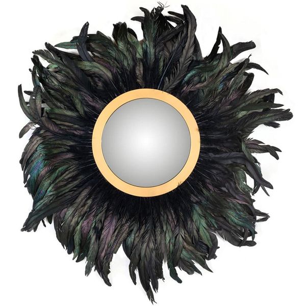 Casa Padrino Designer Specchio Multicolore / Oro Ø 75 Cm - Specchio Da Parete Rotondo Con Piume - Specchio Da Soggiorno - Specchio Per Armadio - Mobili Di Design-image