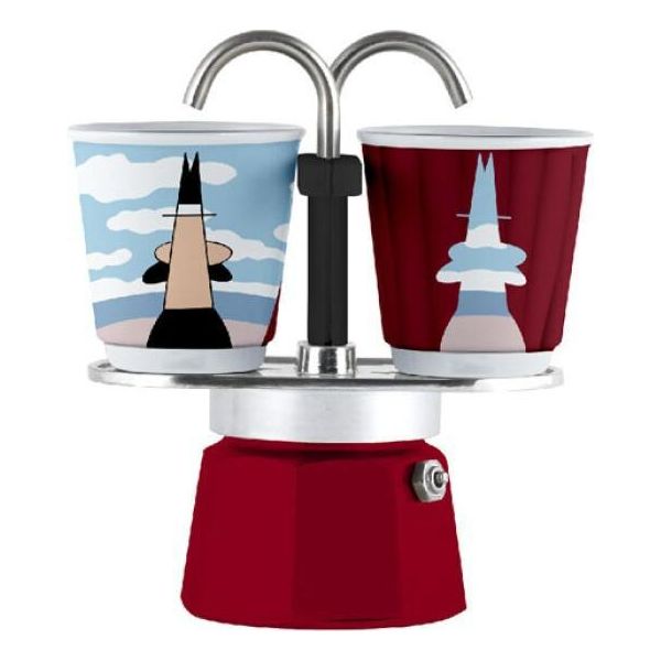 Bialetti Mini Express Magritte, Set Moka 2 Tazze (80 Ml) + 2 Bicchieri, Rosso, Alluminio-image