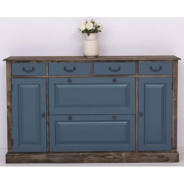Casa Padrino Cassettiera In Stile Country Blu/Nero 176 X 35 X H. 105 Cm - Mobile In Legno Massiccio Con 6 Cassetti E 2 Ante - Mobili In Stile Country - Mobili In Stile Country - Arredo In Stile Country-image