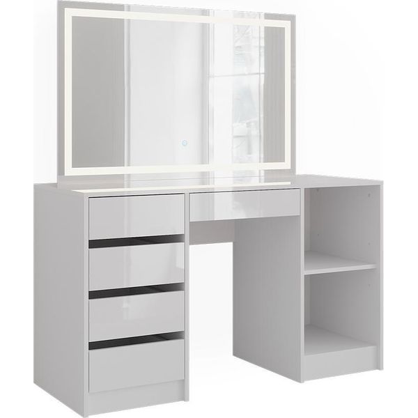 Vicco Tavolo Da Toeletta Sherry, 128.2 Cm Con Specchio Led, Bianco/Bianco Lucido-image