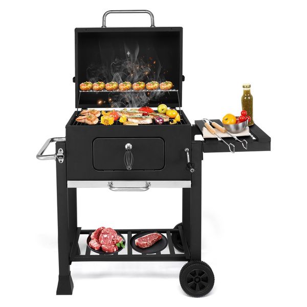 Carrello Per Barbecue A Carbonella Fch Con Ripiani Laterali, Coperchio, Ruote, 116X57X108Cm-image