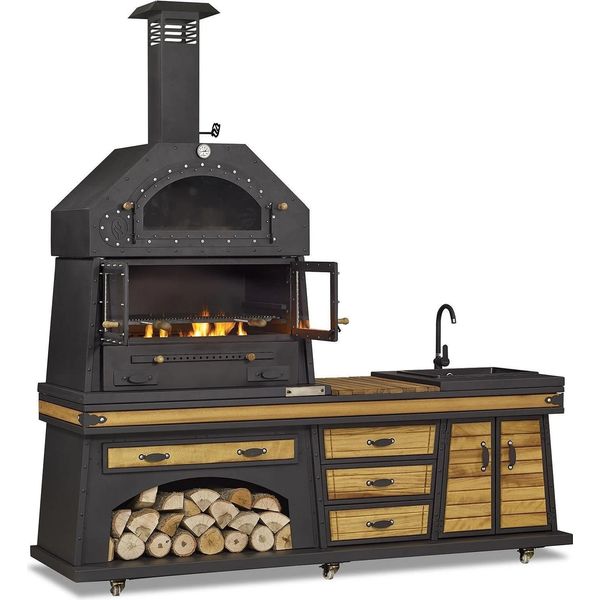 Cucina Da Esterno Nera In Legno E Acciaio Inox, Moderna E Resistente Alle Intemperie-image