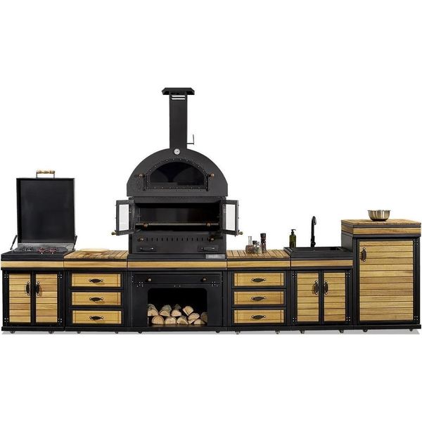 Moderna Cucina Da Esterno In Legno E Acciaio Inox In Nero-image