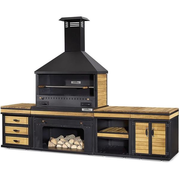 Elegante Cucina Da Esterno Nera In Legno E Acciaio Inox-image