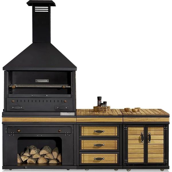 Elegante Cucina Da Esterno Nera In Legno E Acciaio Inox-image
