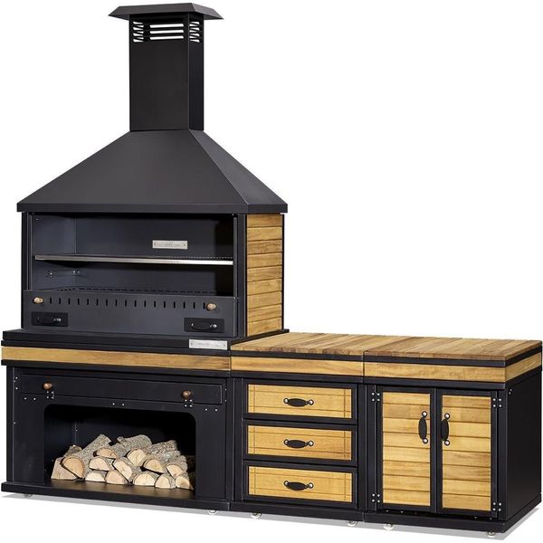 Elegante Cucina Da Esterno In Legno E Acciaio Inox In Nero-image