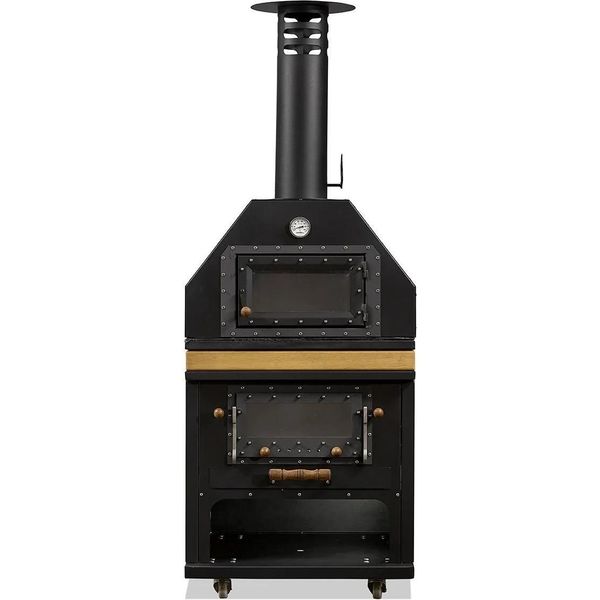 Elegante Stufa Da Giardino Nera In Legno E Acciaio Inox Per Uso Esterno-image