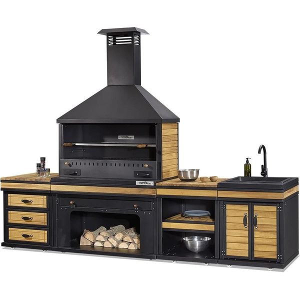 Elegante Cucina Da Esterno In Nero E Marrone In Legno E Acciaio Inossidabile-image