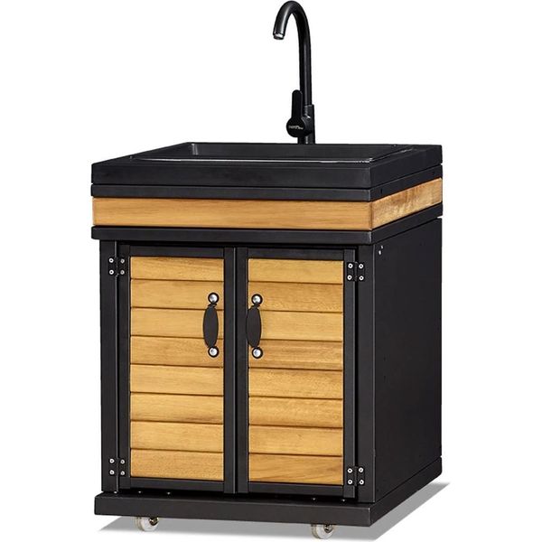 Elegante Modulo Cucina Da Esterno Nero In Acciaio Inox E Legno-image