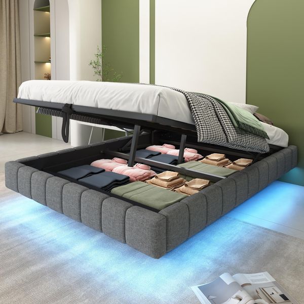 Letto Galleggiante Imbottito Merax 140X200Cm Con Led, Letto Matrimoniale Con Contenitore Idraulico, Robusta Struttura In Metallo, Senza Testata, Tessuto Di Lino Grigio-image