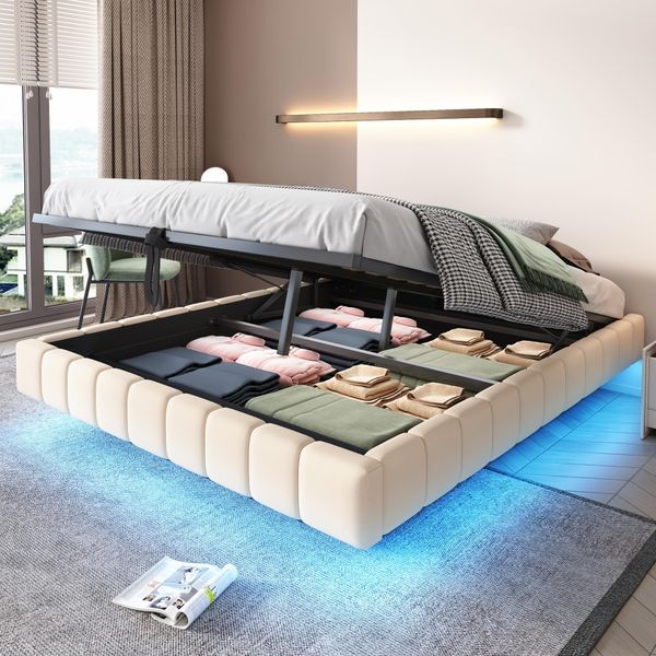 Letto Galleggiante Imbottito Merax 160X200Cm Con Led, Letto Matrimoniale Con Contenitore Idraulico, Robusta Struttura In Metallo, Senza Testata, Tessuto Di Lino Beige-image