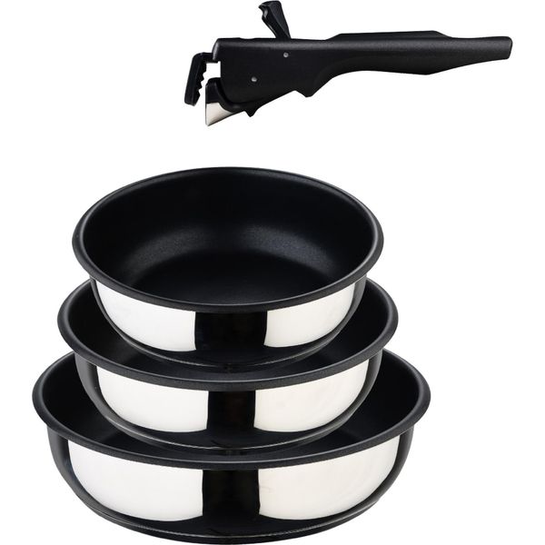 Bergner Click&Cook - Set Di Padelle 4 - Pezzi Da 18, 20 E 24 Cm + Manico Rimovibile - Acciaio Inossidabile Con Rivestimento Antiaderente - Per Tutti I Piani Di Cottura E I Forni - Padella-image