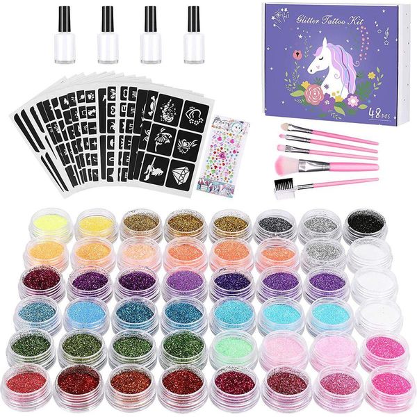 Winpok Set Di Tatuaggi Glitterati, 48 Colori, Tatuaggi Impermeabili, Trucco Glitterato Per Bambini Con 203 Stampini, 5 Pennelli, 4 Colle, Tatuaggi Non Tossici-image
