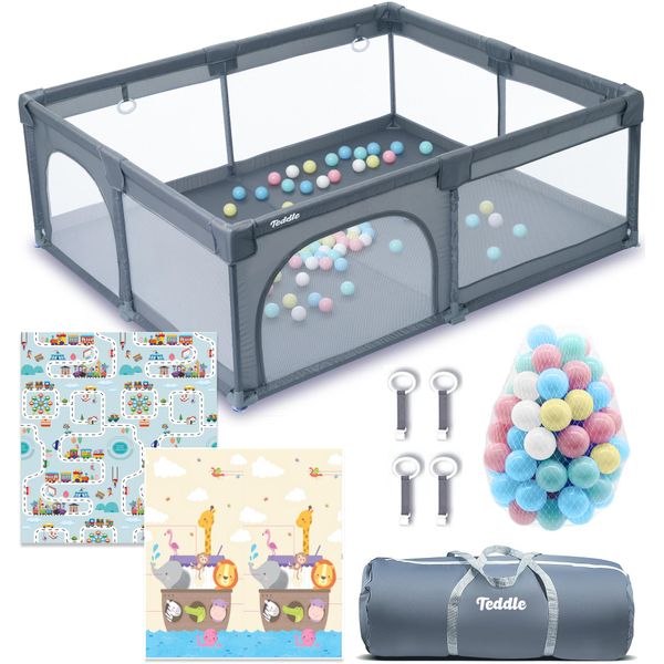 Box Per Bambini Teddle - Tappetino Bifacciale Incluso - Box Per Bambini Con 50X Palline - 180 X 150 Cm - Box Per Uso Interno Ed Esterno - Grigio-image
