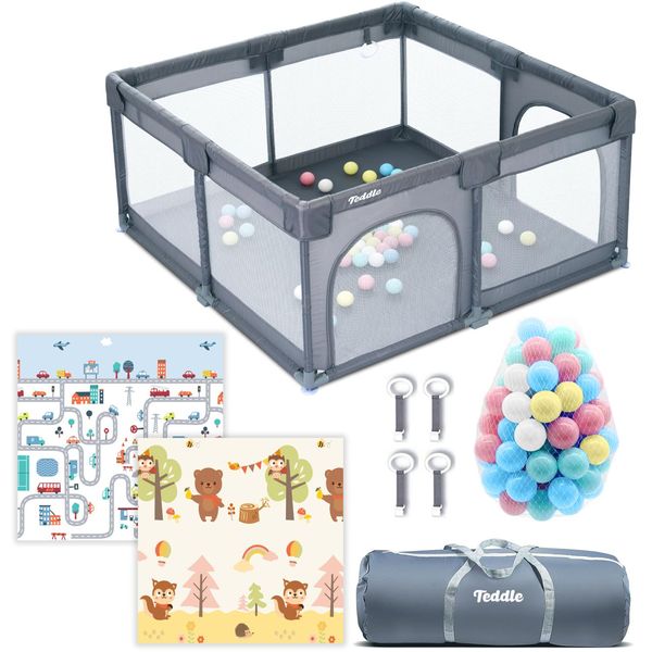 Teddle Teddle Ground Box - Tappetino Bifacciale Incluso - Box Per Bambini Con 50X Palline - Box Per Bambini - 120X120Cm - Grigio-image