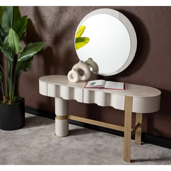 Tavolino Da Toilette Moderno Di Design Beige Con Specchio Mobili Da Camera Da Letto-image
