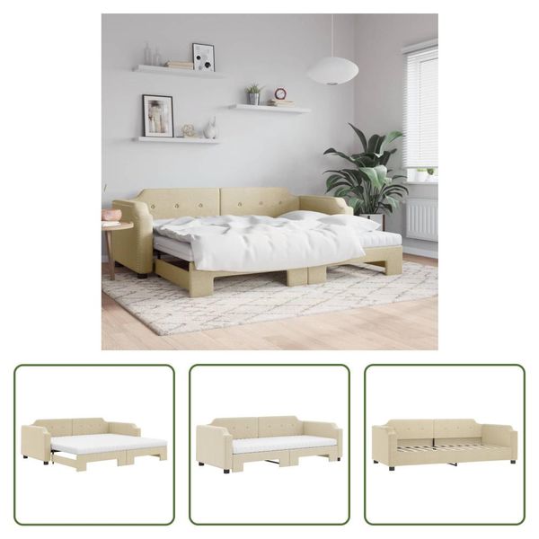The Living Store Lettino Allungabile Con Materassi Panna 100X200 Cm In Tessuto-image