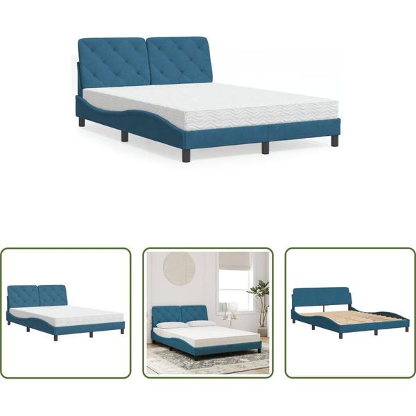 The Living Store Letto Con Materasso Blu 120X200 Cm In Velluto-image