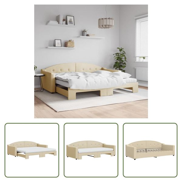 The Living Store Lettino Allungabile Con Materassi Panna 90X200 Cm In Tessuto-image