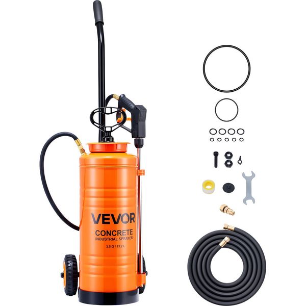 Spruzzatore A Pressione Vevor, Spruzzatore, Spruzzatore Industriale Per Calcestruzzo Con Rullo, Spruzzatore In Acciaio Inox Da 13,2 Litri, Spruzzatore A Pompa Ad Alte Prestazioni, Tubi Flessibili Inclusi, 2 Ugelli In Ottone, Ideale Per Edilizia, Prati E Giardini-image