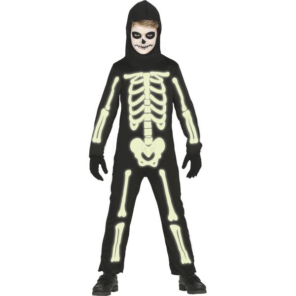 Scheletro Halloween Costume Party Divertimento Con Cappuccio Tuta Corpo Completo Misterioso Mondo Spaventoso Notte Party Halloween Scheletro, Taglia: 140/146 Colore: Nero-image
