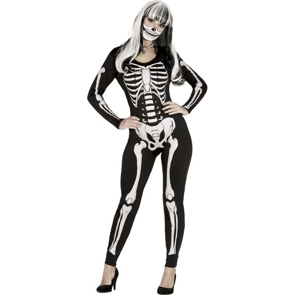 Scheletro Halloween Jumpsuit Costume Spaventoso Partito Gotico Outfit Notte Nero Bianco Look Eleganza, Taglia: 38 - 40 (M) Colore: Nero-image