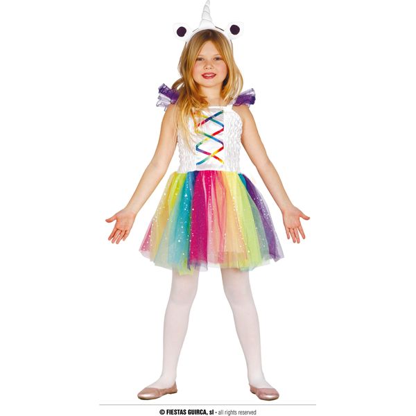 Costume Da Fiaba Unicorno Bambini Arcobaleno Glitter Carnevale Fantasia Mondo Dei Sogni Magia Colorata Creatura Magica Abito Fascia Avventura, Taglia: 110/116 Colore: Bianco-image