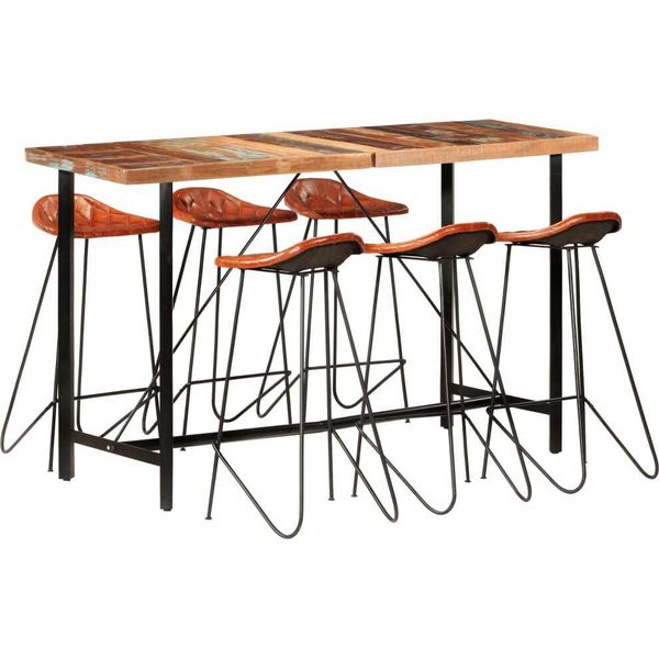 The Living Store Set Da Bar 7 Pezzi In Legno Massiccio Antico E Vera Pelle-image